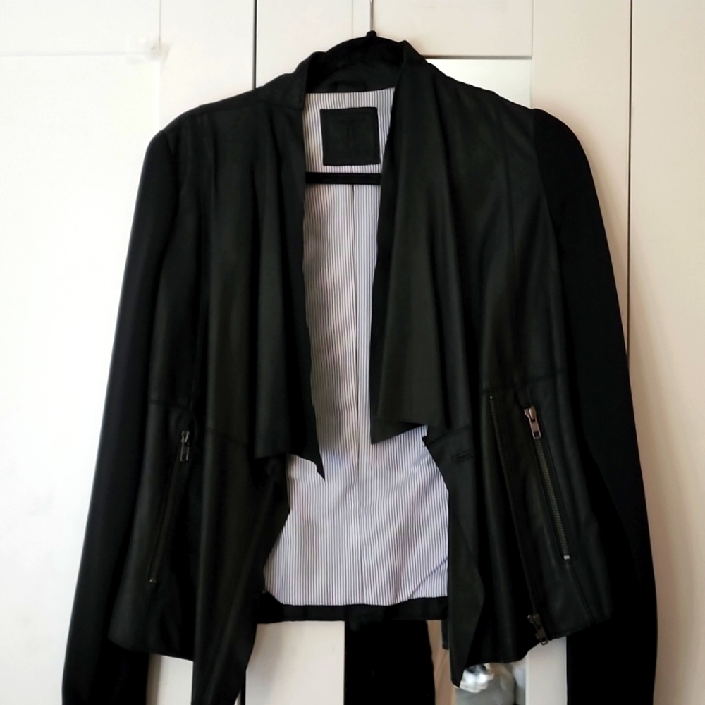 Leather draped collar jacket